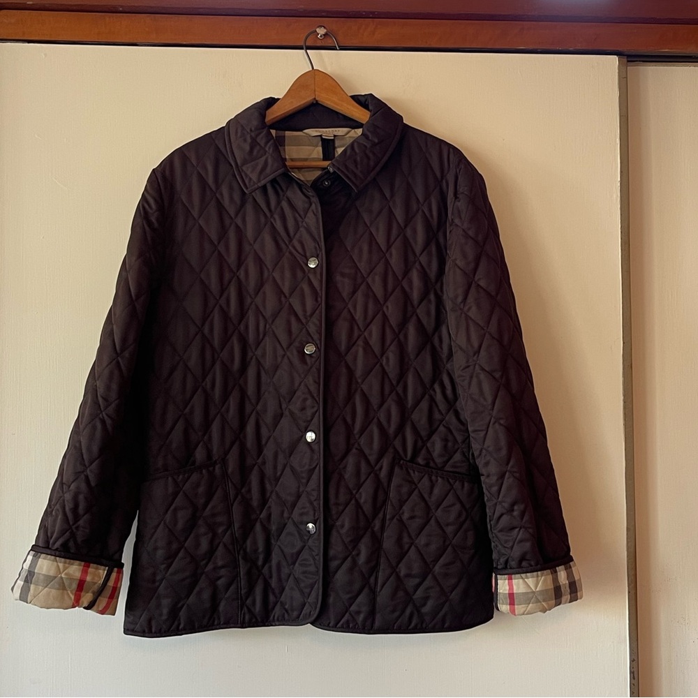 BURBERRY black quilted snap up jacket classic plaid print size L